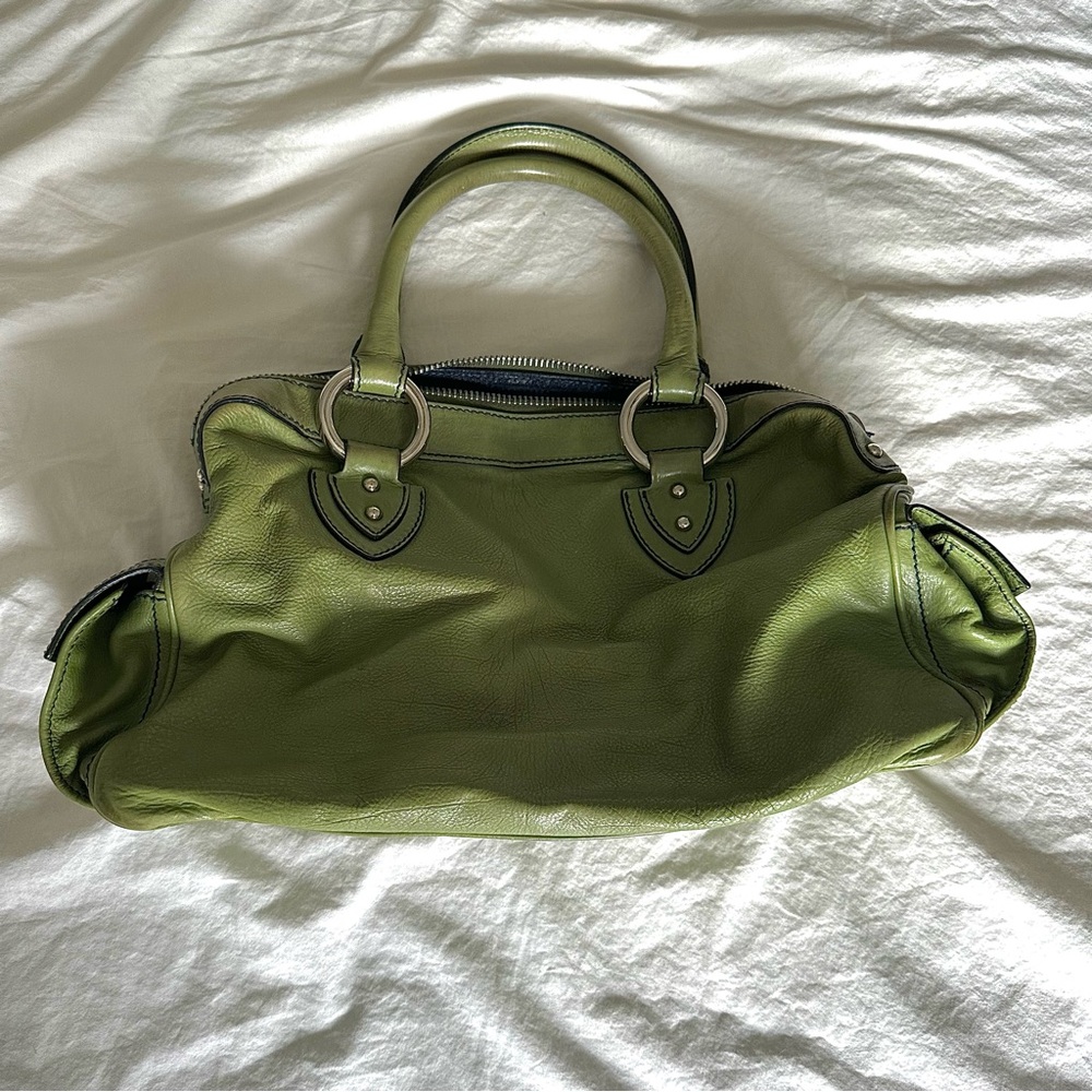 vintage green leather marc jacobs bowler bag w/ silver hardware